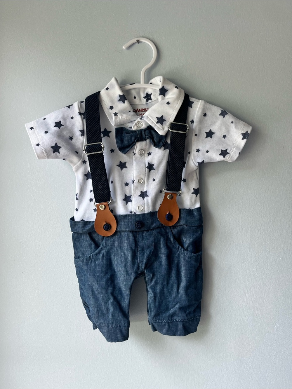 Danimuz- Baby Star-Print Set with Bow Tie and Suspenders - Navy & White